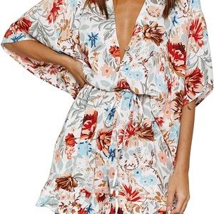 Floral Printed Batwing Sleeve Ruffle Hem Jumpsuit